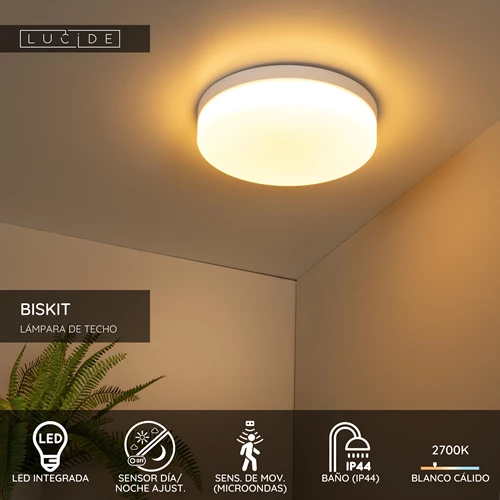 Lucide BISKIT - Lámpara de techo Baño - Ø 34,5 cm - LED - 1x24W 2700K - IP44 - Sensor movimiento - Blanco - USP